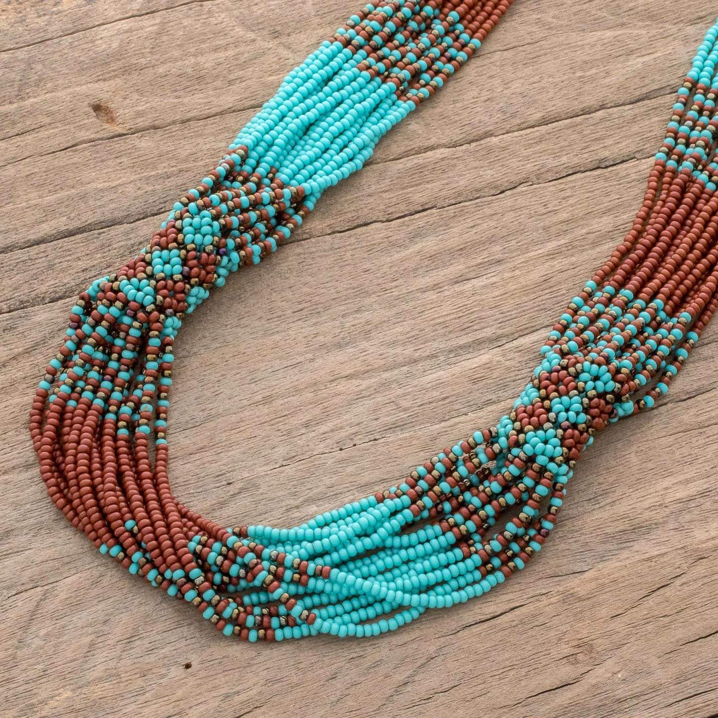 Harmonious Elegance in Brown Brown and Turquoise Blue Glass Beaded Strand Necklace