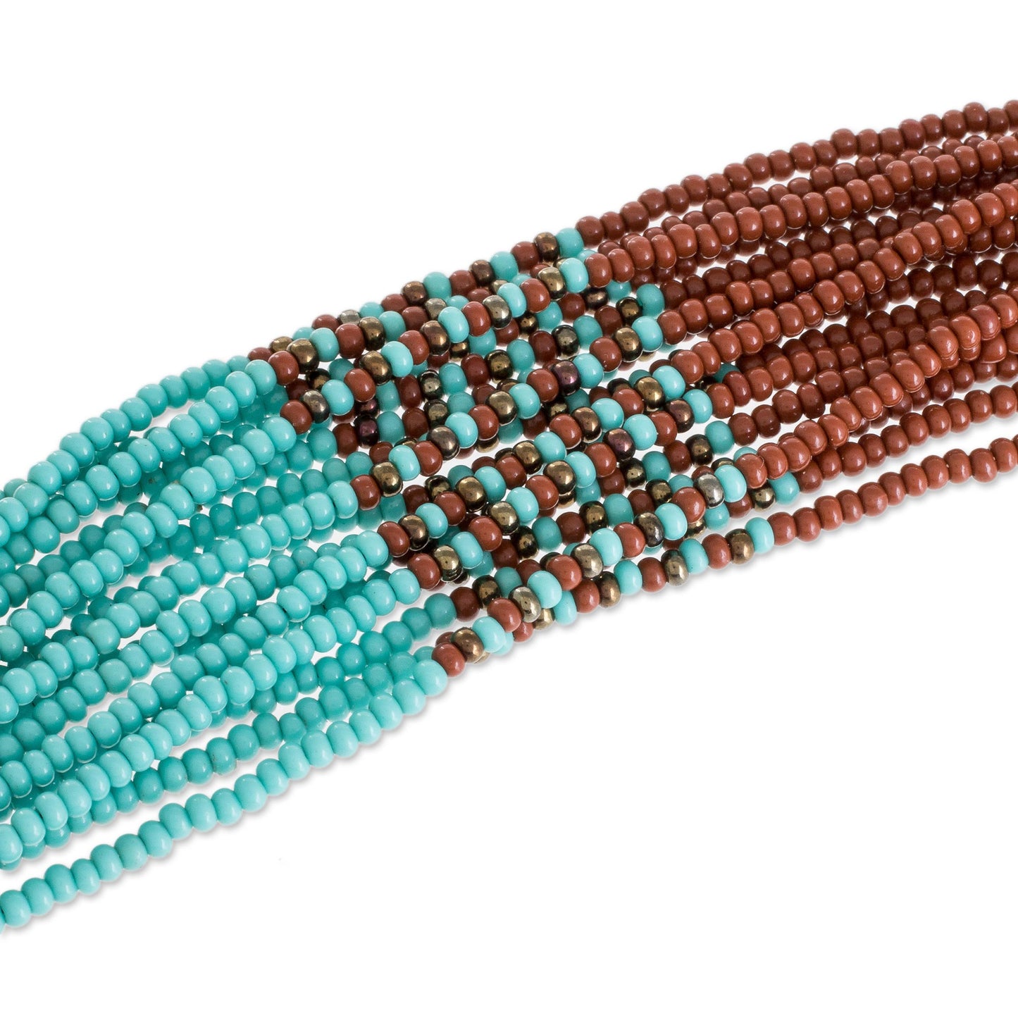 Harmonious Elegance in Brown Brown and Turquoise Blue Glass Beaded Strand Necklace