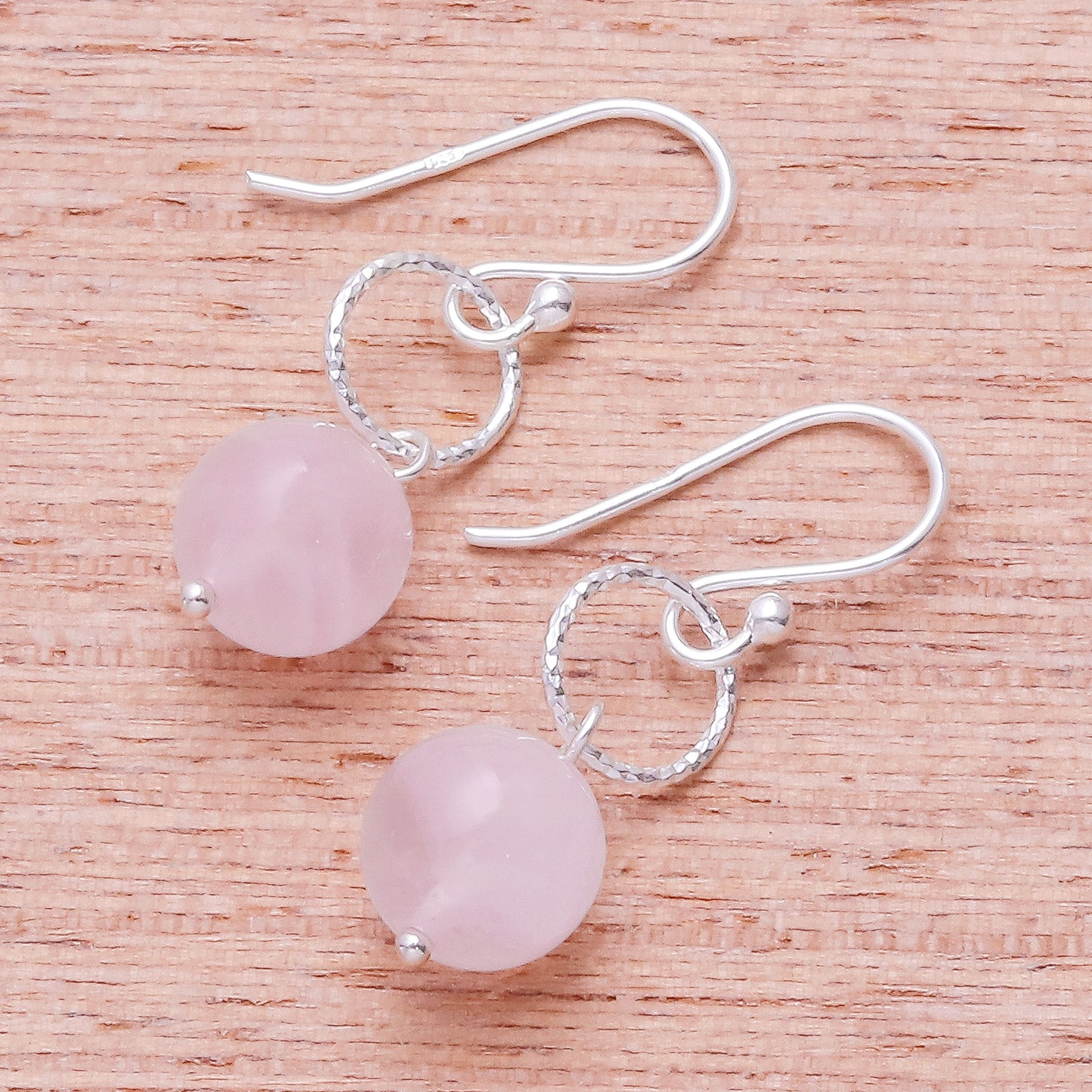 Ring Shimmer Round Rose Quartz Dangle Earrings Crafted in Thailand