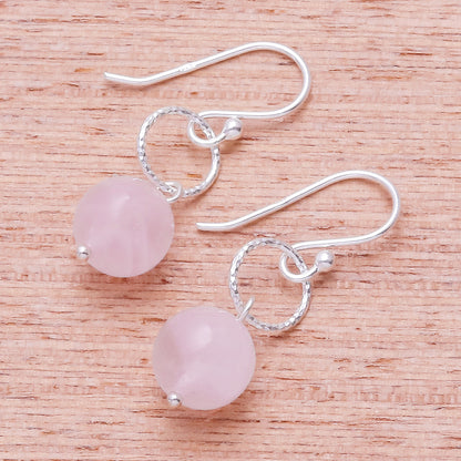 Ring Shimmer Round Rose Quartz Dangle Earrings Crafted in Thailand