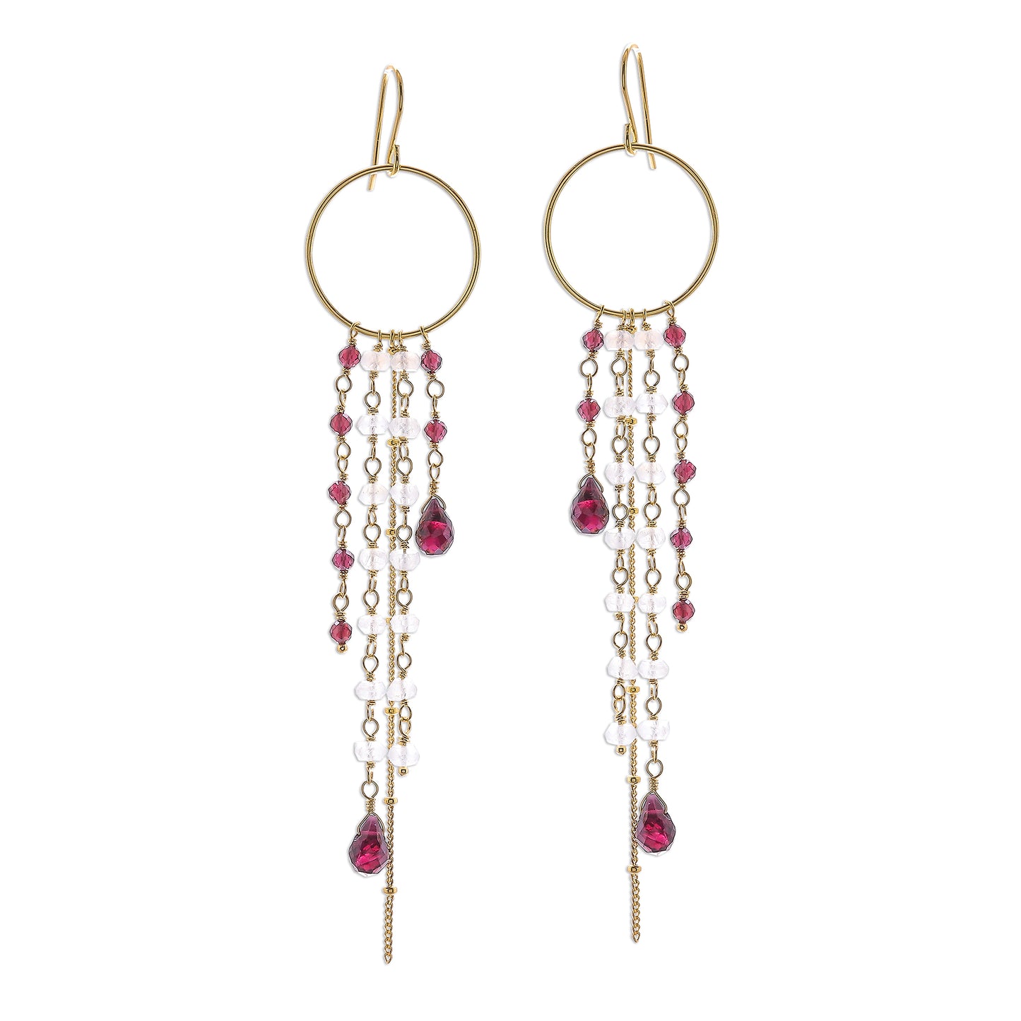 Luxurious Rain Gold Plated Garnet and Rainbow Moonstone Waterfall Earrings