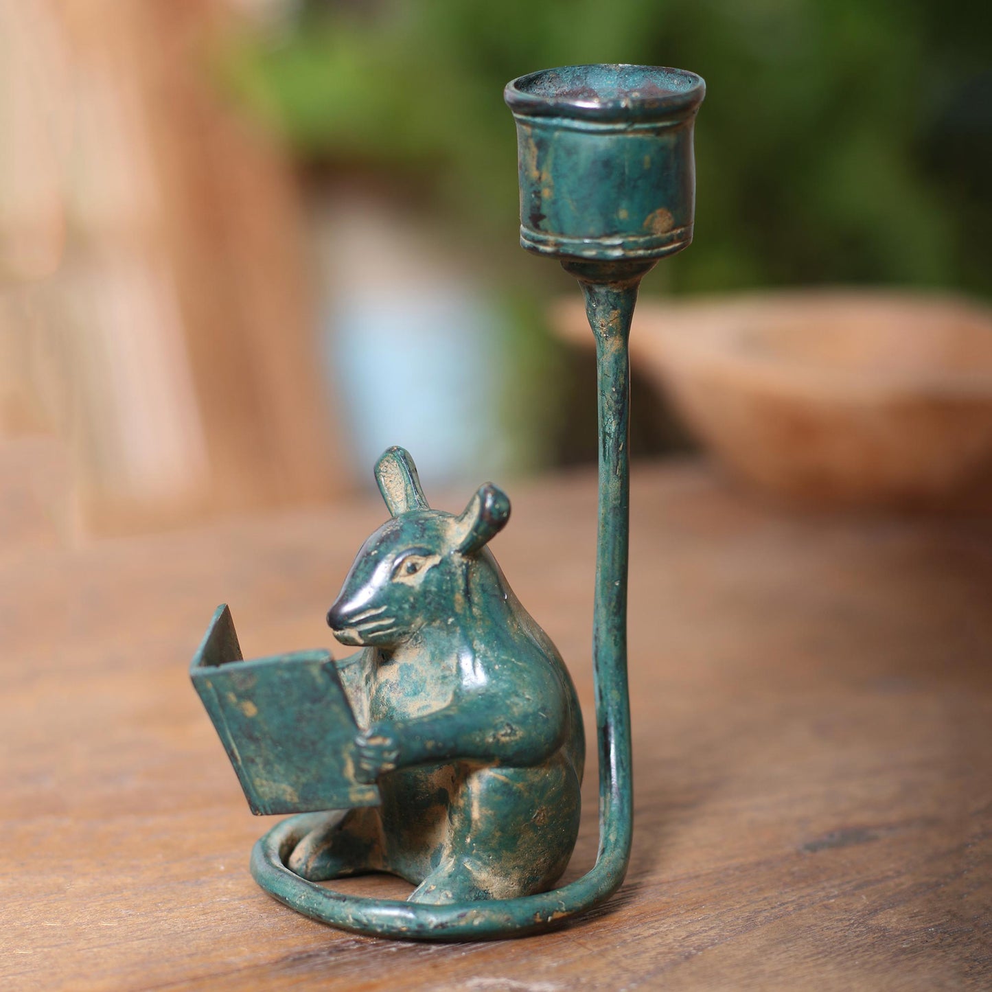 Studious Mouse Antiqued Whimsical Bronze Mouse Figurine from Bali