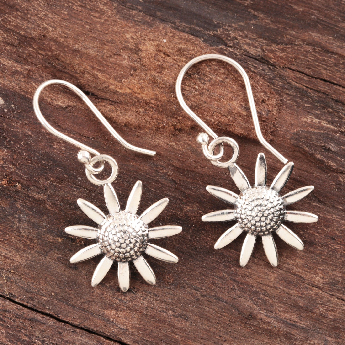 Sunflower Glitter Sterling Silver Sunflower Dangle Earrings from India