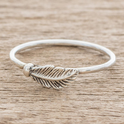 Fallen Feather Slender Sterling Silver Band Ring with Feather