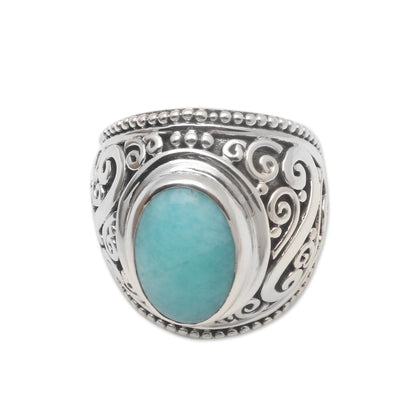 Misty Temple Oval Amazonite Sterling Silver Scroll Motif Cocktail Ring