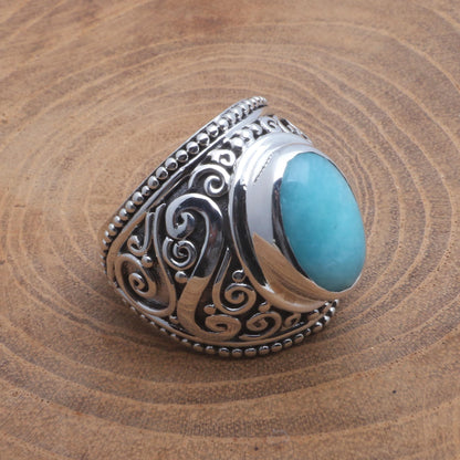 Misty Temple Oval Amazonite Sterling Silver Scroll Motif Cocktail Ring