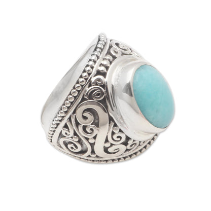 Misty Temple Oval Amazonite Sterling Silver Scroll Motif Cocktail Ring