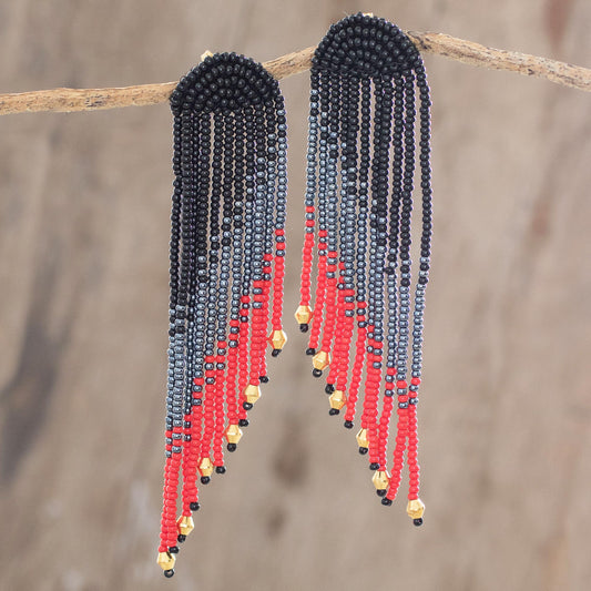 Dramatic Cascade Long Beaded Waterfall Earrings in Black, Grey and Red