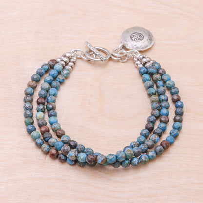 Tiny Globes Om Symbol Beaded Bracelet with Blue and Brown Jasper