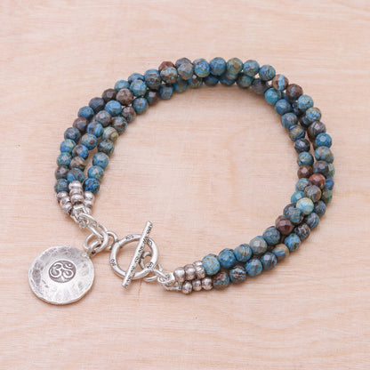 Tiny Globes Om Symbol Beaded Bracelet with Blue and Brown Jasper