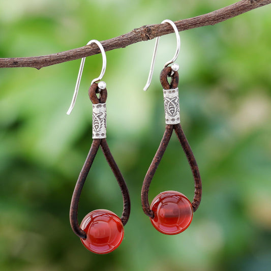 Spring Passion Carnelian and Karen Silver Dangle Earrings with Leather