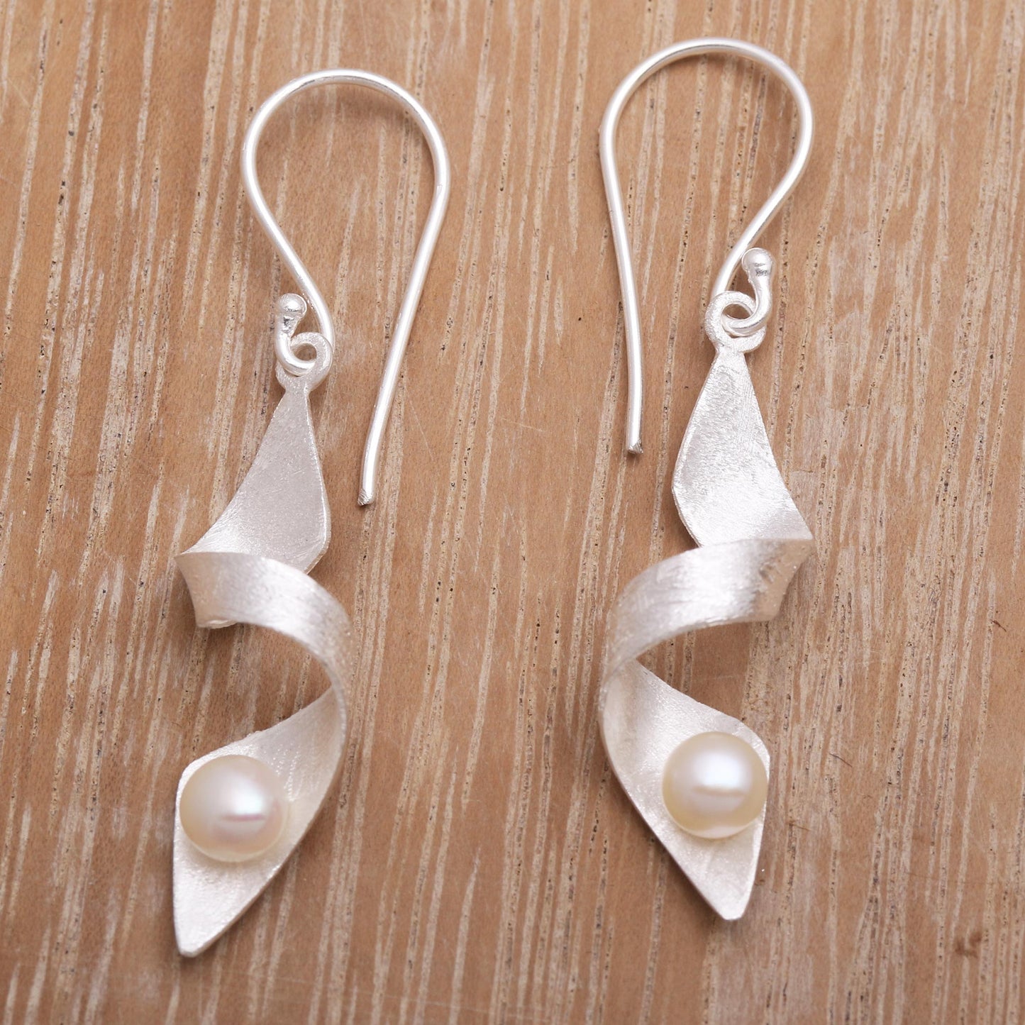 Ribbon Whirl Brushed Sterling Silver Earrings with White Cultured Pearl