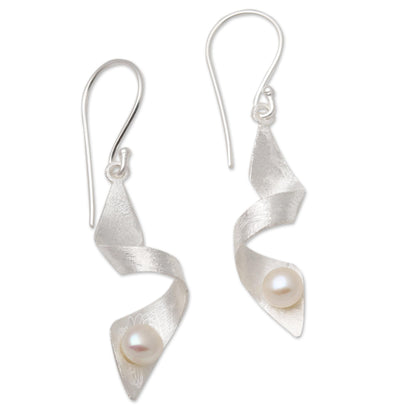 Ribbon Whirl Brushed Sterling Silver Earrings with White Cultured Pearl