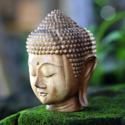 Buddha Nature Hand-Carved Suar Wood Buddha Head Sculpture from Bali