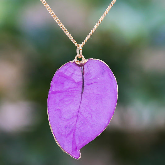Bougainvillea Love in Purple Gold Accented Natural Flower Pendant Necklace in Purple