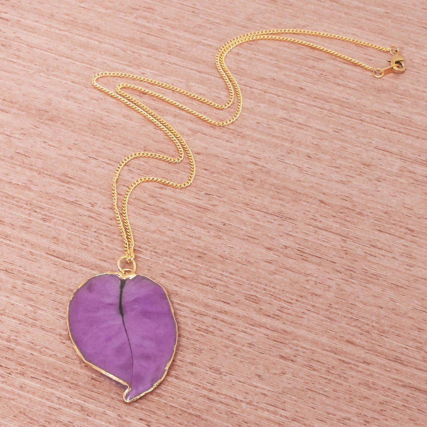 Bougainvillea Love in Purple Gold Accented Natural Flower Pendant Necklace in Purple