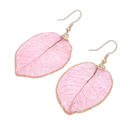 Bougainvillea Love in Pink Gold Accented Natural Flower Dangle Earrings in Pink