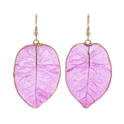 Bougainvillea Love in Purple Gold Accented Natural Flower Dangle Earrings in Purple