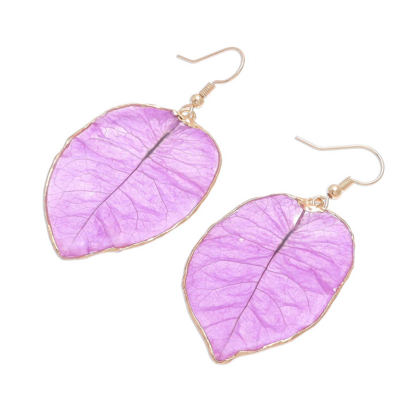 Bougainvillea Love in Purple Gold Accented Natural Flower Dangle Earrings in Purple