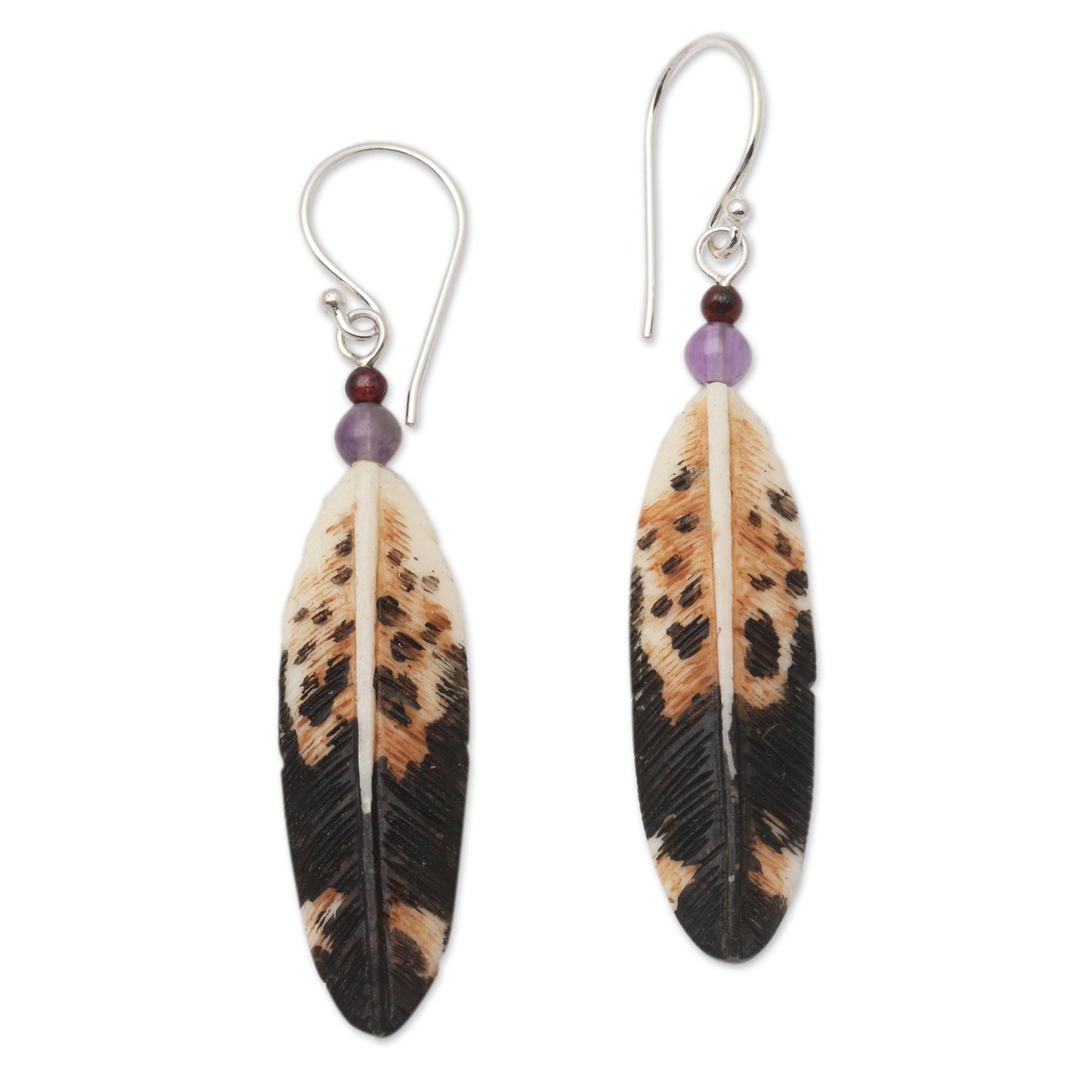 Fascinating Feathers Feather-Shaped Bone and Amethyst Dangle Earrings from Bali