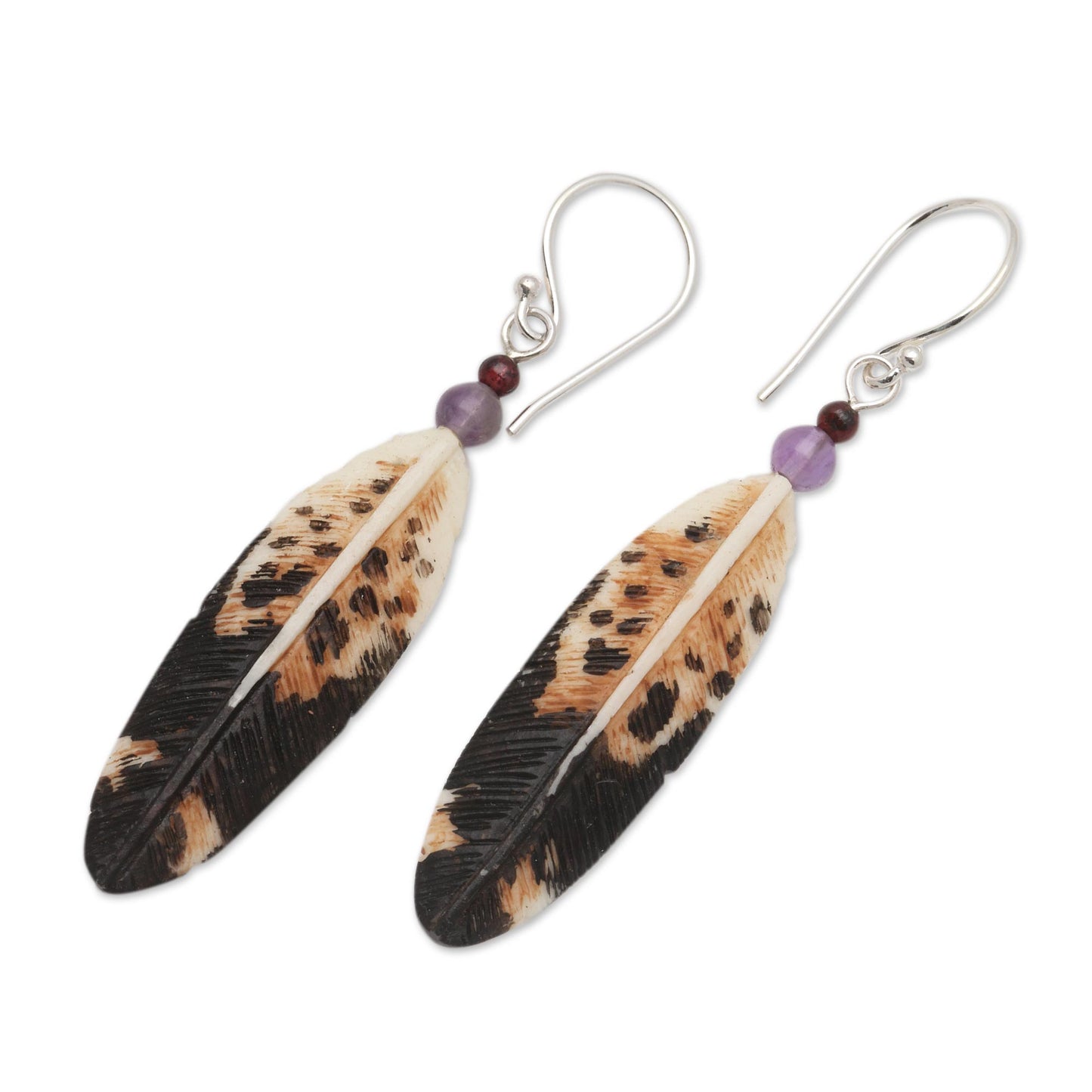 Fascinating Feathers Feather-Shaped Bone and Amethyst Dangle Earrings from Bali