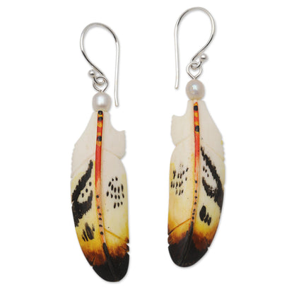 Stunning Feathers Bone and Cultured Pearl Feather Dangle Earrings from Bali