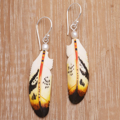 Stunning Feathers Bone and Cultured Pearl Feather Dangle Earrings from Bali