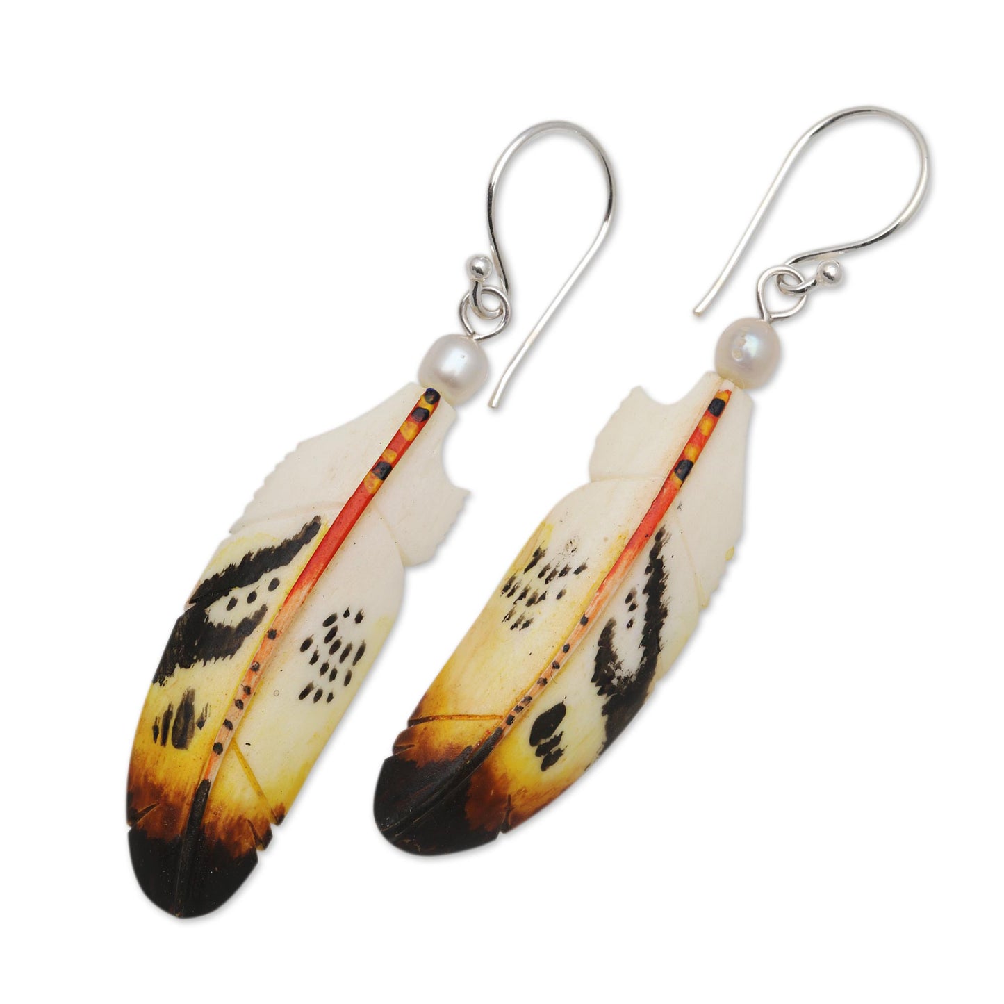 Stunning Feathers Bone and Cultured Pearl Feather Dangle Earrings from Bali