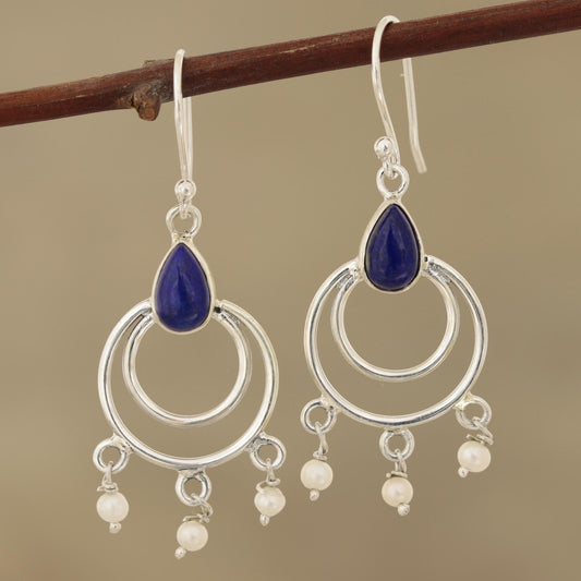 Royal Aesthetic Lapis Lazuli and Cultured Pearl Dangle Earrings from India