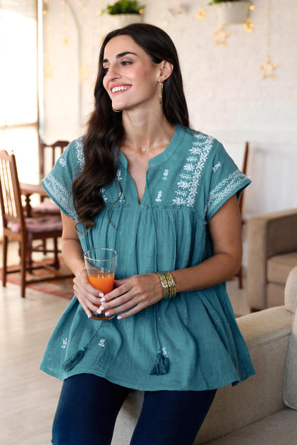 Casual Charm Hand Embroidered Teal Cotton Blouse