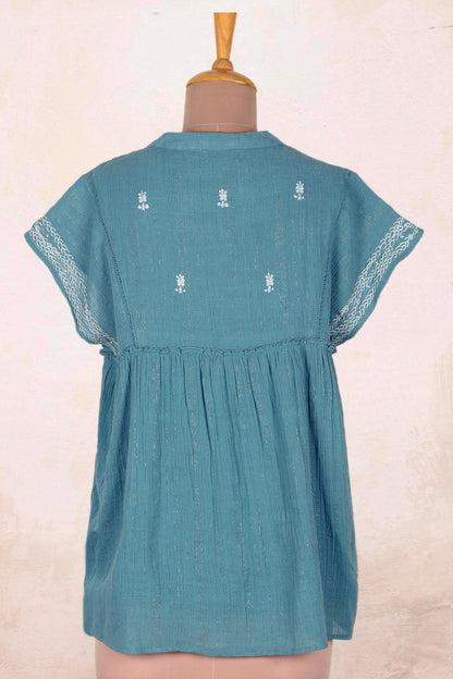 Casual Charm Hand Embroidered Teal Cotton Blouse