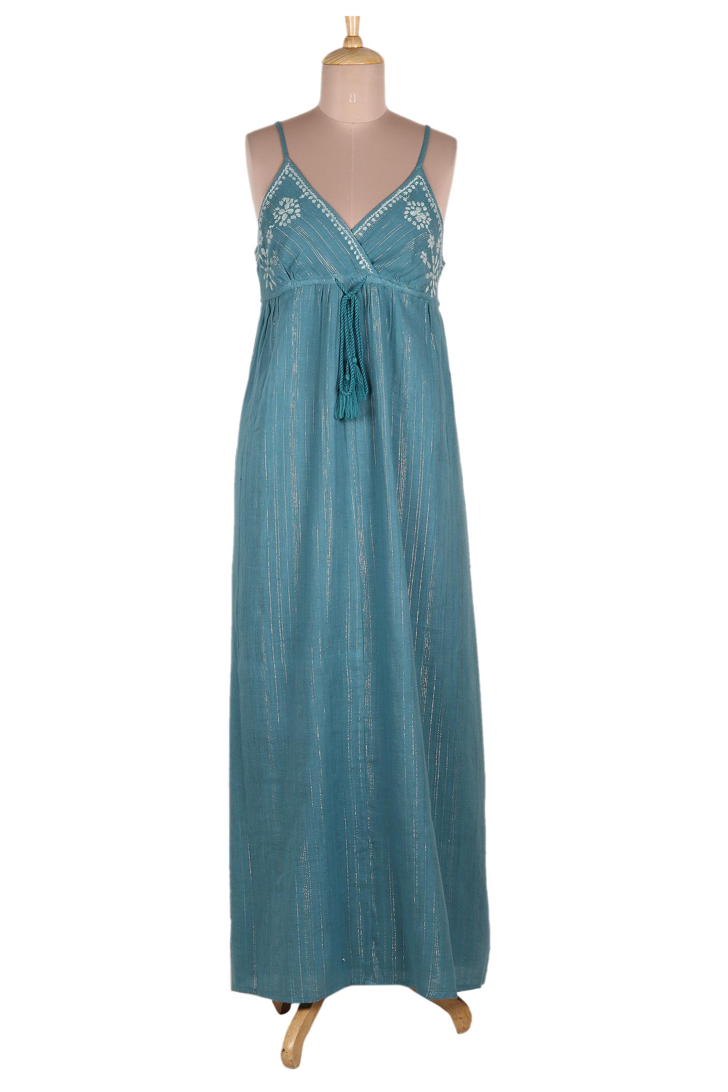 Seaside Flowers Embroidered Teal Cotton Sundress from India