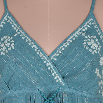 Seaside Flowers Embroidered Teal Cotton Sundress from India