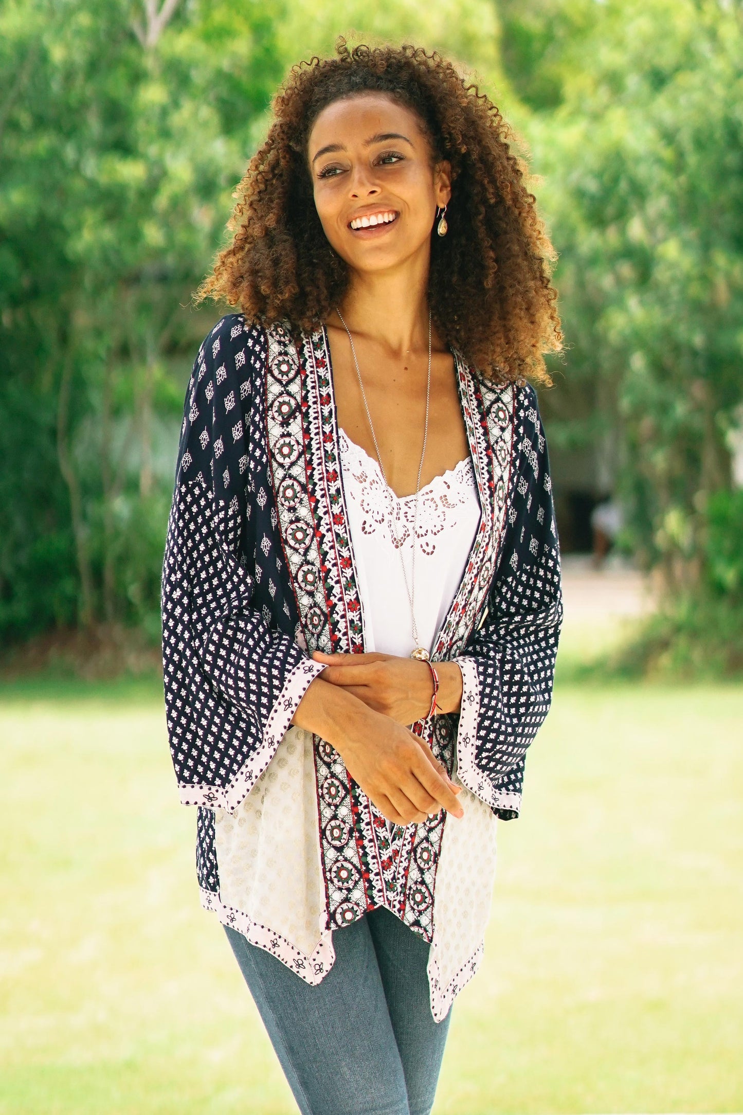 Boho Beauty Embroidered Open Jacket in Midnight Blue