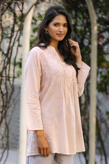 Spring Dance Hand Embroidered Pink Cotton Tunic from India