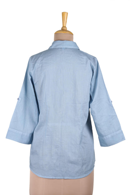 Elegant in Sky Blue Artisan Designed Sky Blue Embroidered Cotton Blouse