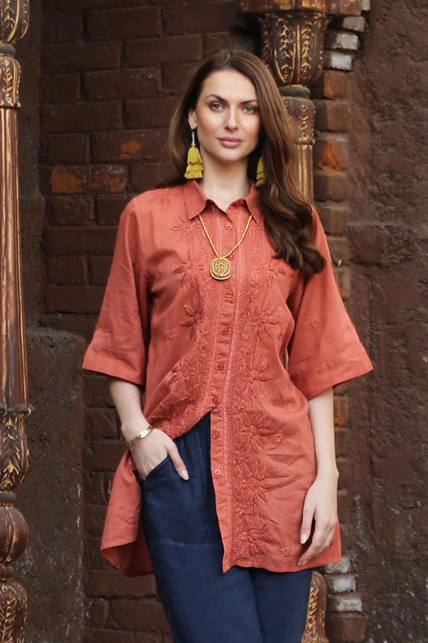 Chikan Chic Embroidered Floral Terracotta Cotton Shirt