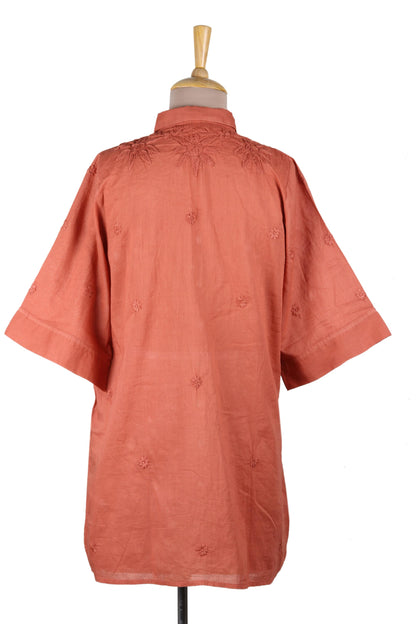 Chikan Chic Embroidered Floral Terracotta Cotton Shirt