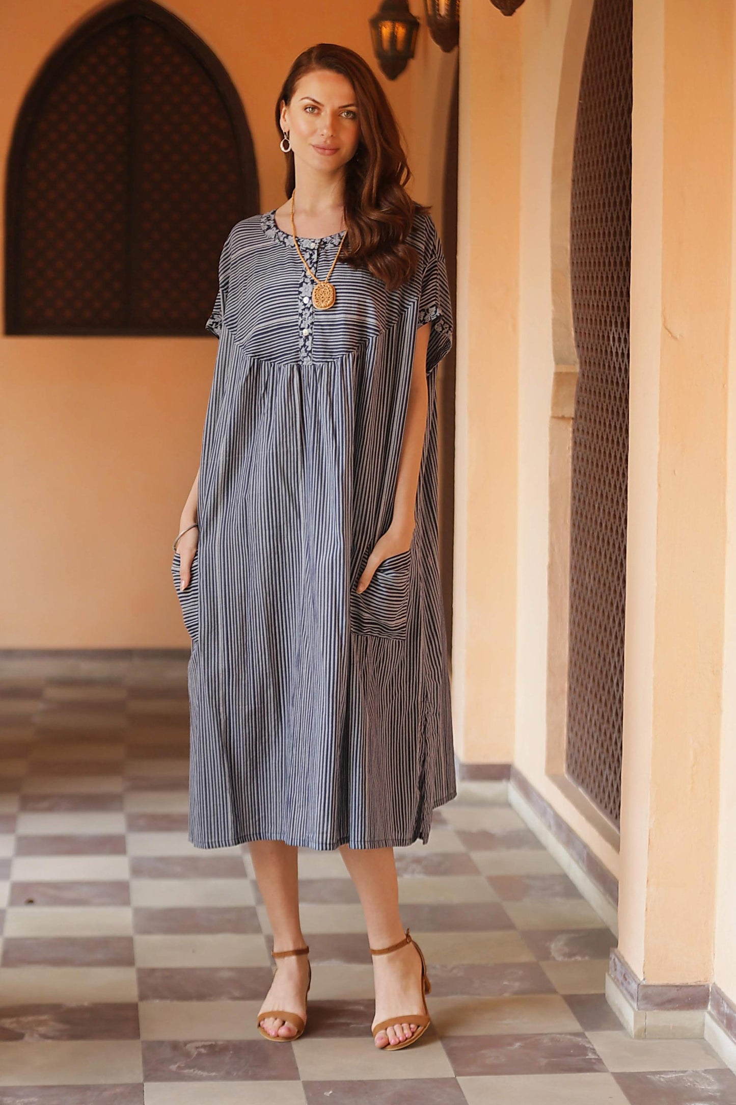 Stripes and Flowers Dark and Light Blue Striped Cotton Caftan Dress