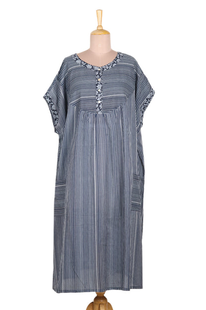 Stripes and Flowers Dark and Light Blue Striped Cotton Caftan Dress