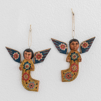 Flower Angels Hand-Painted Wood Angel Wall Ornaments from Guatemala (Pair)