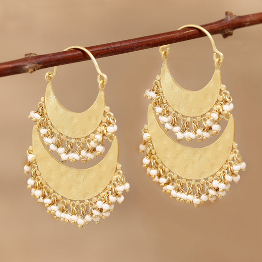 Magnificent Crescents 22K Gold Plated Crescents Hoop Earrings with Cultured Pearls