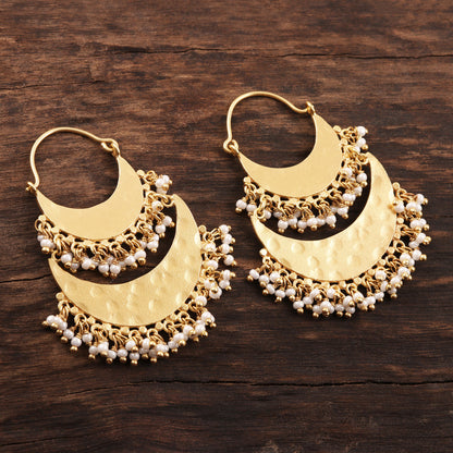 Magnificent Crescents 22K Gold Plated Crescents Hoop Earrings with Cultured Pearls