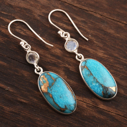 Celestial Light Rainbow Moonstone and Composite Turquoise Silver Earrings