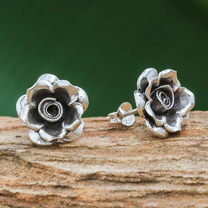 Hill Tribe Roses Thai Karen Hill Tribe Silver Flower Theme Button Earrings