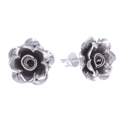 Hill Tribe Roses Thai Karen Hill Tribe Silver Flower Theme Button Earrings