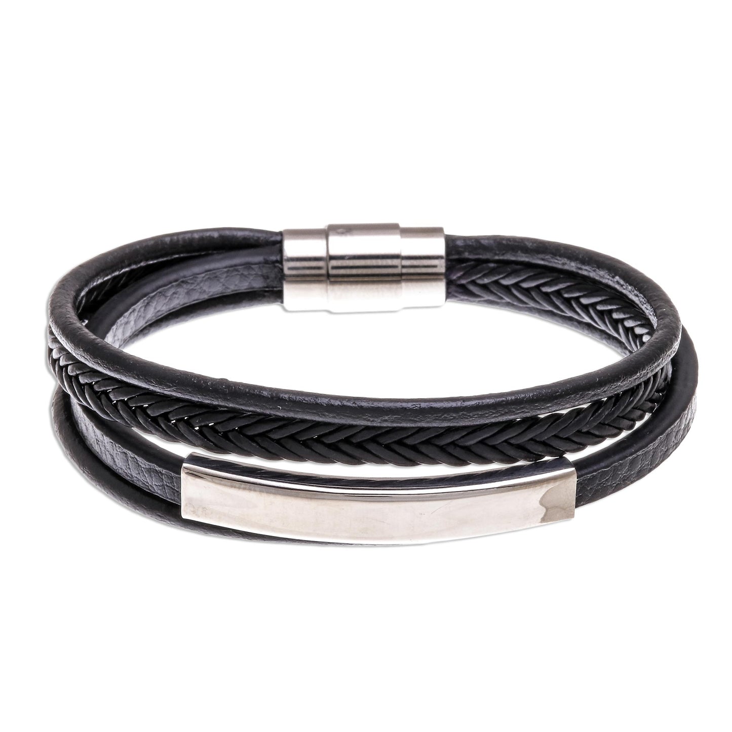 Mighty Strength in Black Leather Strand Bracelet in Black from Thailand