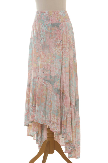 Sekar Jagad Pastel Pink and Aqua Print Rayon High-Low Skirt