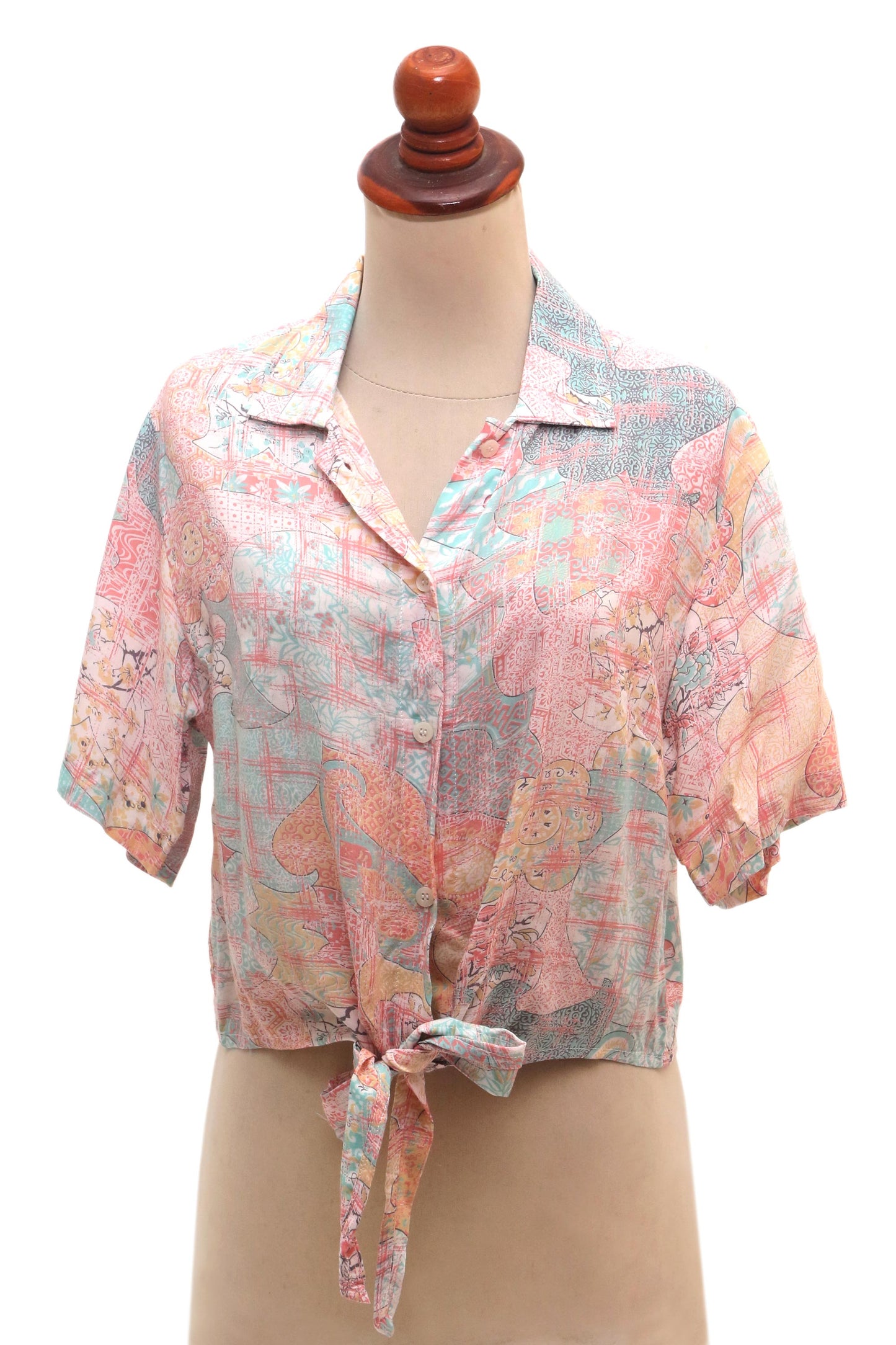 Sekar Jagad Pastel Pink and Aqua Rayon Print Tie Front Blouse