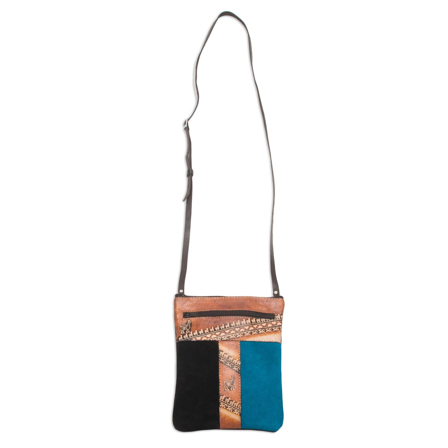 The Llama Way Brown and Teal Llama Pattern Leather Accented Suede Sling